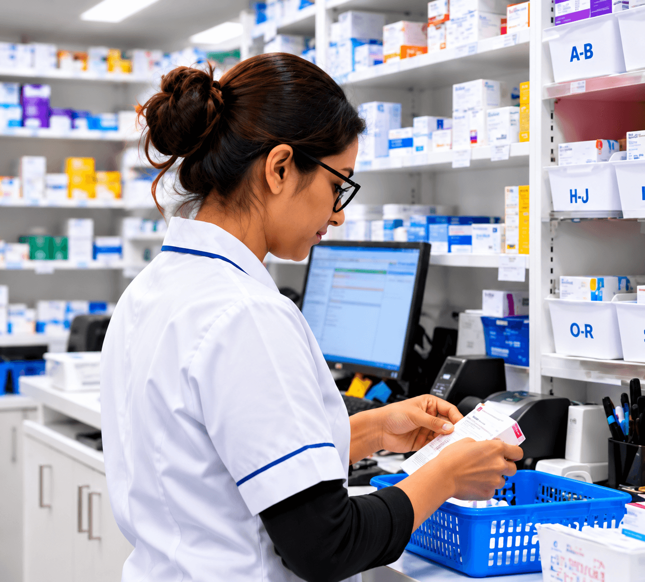 Pharmacy staff preparing repeat prescriptions