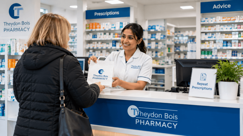 Pharmacy counter at Theydon Bois Pharmacy where repeat prescriptions are collected